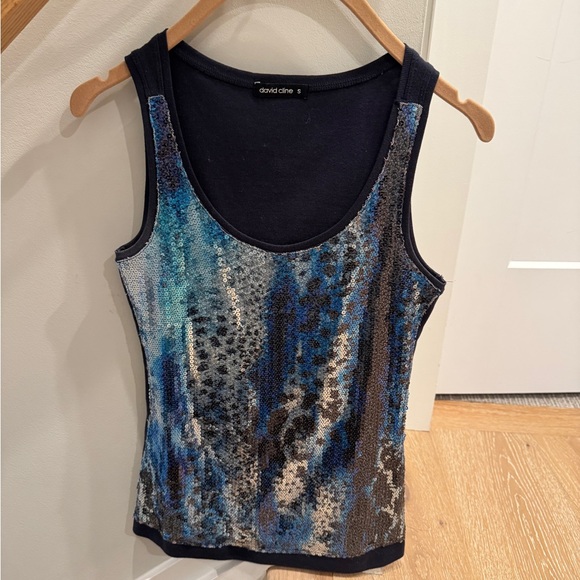 David Cline Blue Sequined Tank Top, Size Small in EUC. - Picture 1 of 5